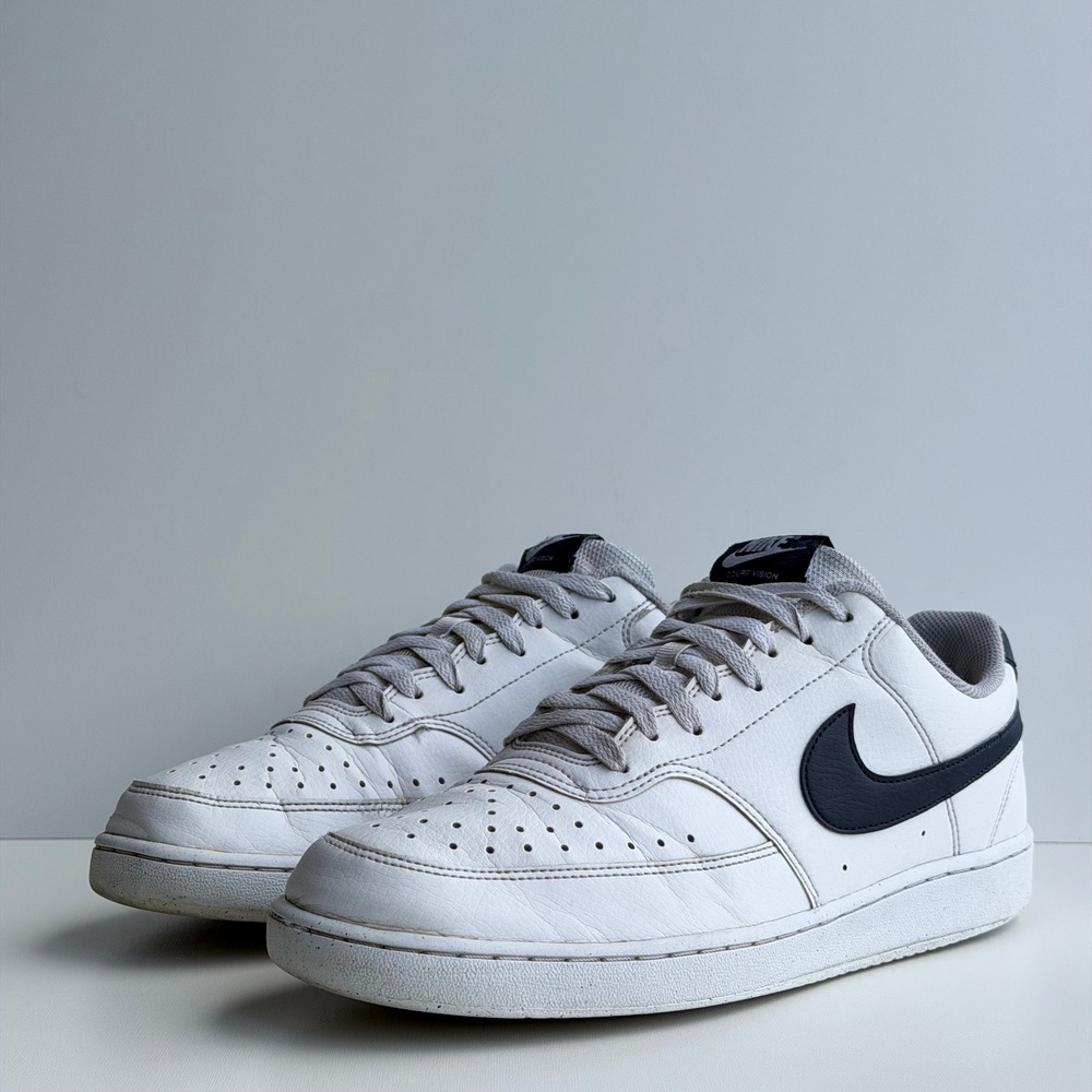 Nike Court Vision Low Mens 10 White Navy Leather Retro Basketball Shoes Y2K - Picture 2 of 9